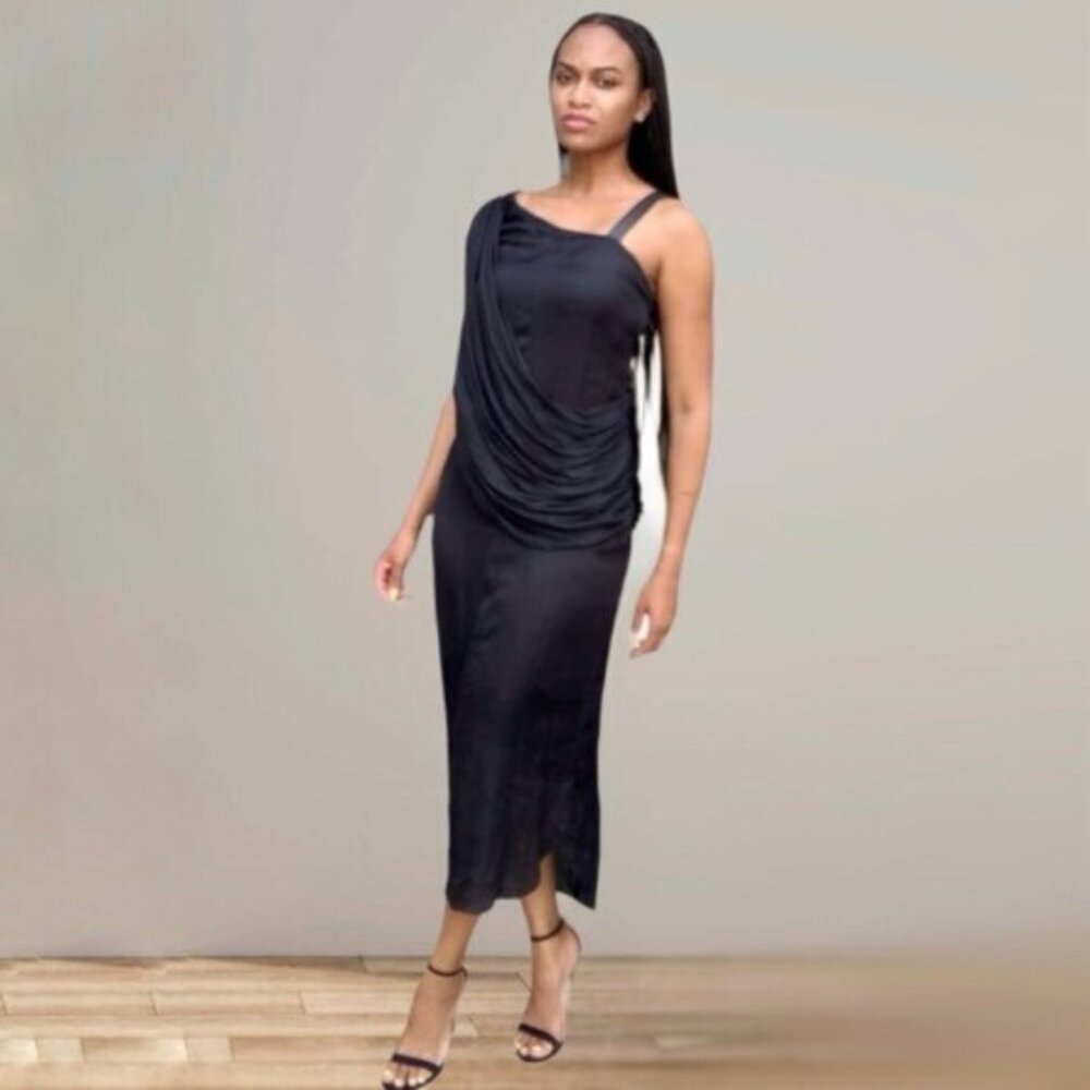 Nicholas K Black One-Shoulder Draped Satin Midi Dress